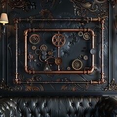 Dark leather wall with a copper pipe frame, steampunk 3D mockup in a Victorian study.