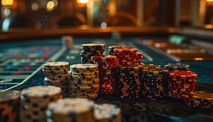 A stack of poker coins neatly arranged on a casino table with cards spread out on top