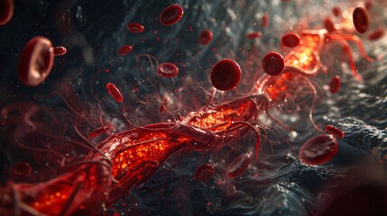Detailed photograph capturing a close-up view of an artery, with red blood cells navigating through a partially clogged section due to fatty deposits, emphasizing the realistic texture and health