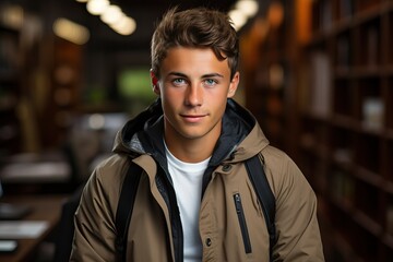 Fototapeta premium Portrait of a teenage boy in a library.