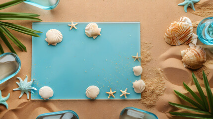 Mockup of a clear canvas on a corkboard with summer sand dollars 