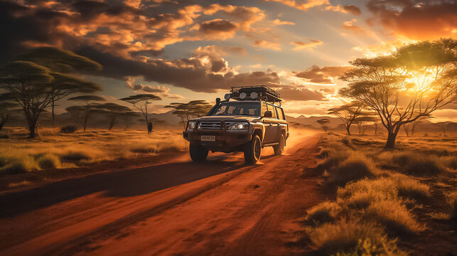 A car is driving down a dirt road in the desert