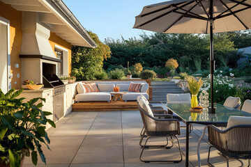 Charming home patio design featuring cozy seating, lush greenery, and ambient lighting perfect for outdoor relaxation and entertaining. 