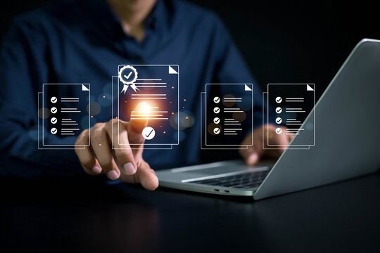 Business standard certificate concept. Businessman touch Certified business documents on virtual screen . service Quality assurance, Guarantee, ISO , Standards quality assurance .