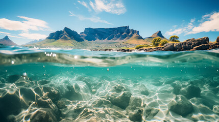 Fototapeta premium A beautiful blue ocean with a mountain range in the background