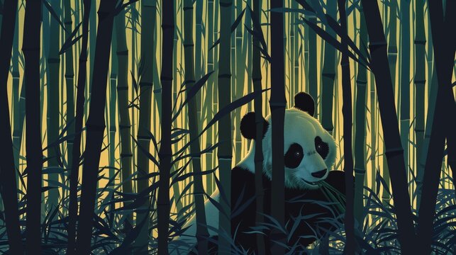 At dusk in a dense bamboo forest, a panda's silhouette is seen leisurely munching on bamboo shoots. - Powered by Adobe