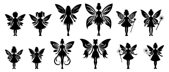 Beautiful fairy front view silhouette black filled vector Illustration icon