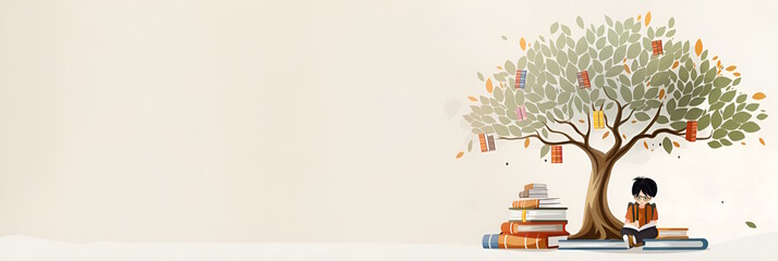 Illustration of an Asian boy reading under a tree with books falling from branches. Concept of knowledge and growth, back to school