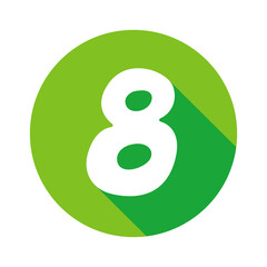 Number 8 eight icon vector illustration, flat design icon with long shadow, green circle shape icon