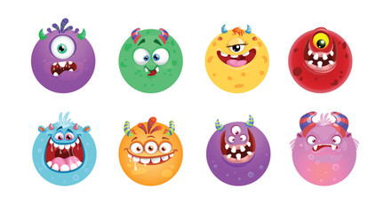 Cartoon monster ball faces set. Collection of Halloween monster faces with different expressions and colors. Vector illustrations.