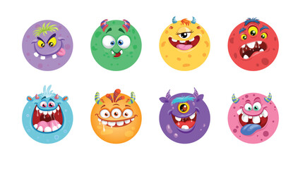 Cartoon monster ball faces set. Collection of Halloween monster faces with different expressions and colors. Vector illustrations.