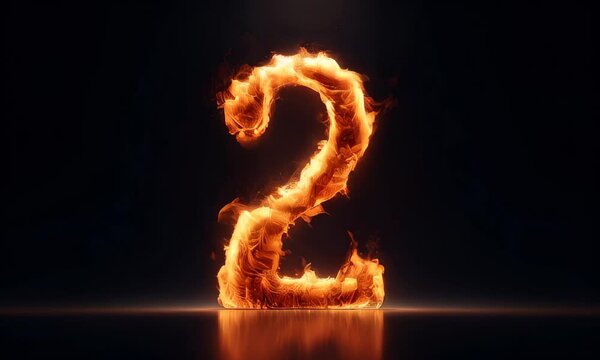 fiery number 2 glowing with intense orange and yellow flames against a dark black background. The flames flicker with dynamic energy, casting a warm light on the surrounding darkness