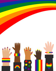 Happy pride flyer card. Diverse white and bipoc raised hands with gay symbols. Rainbow flag decoration. Vector flat illustration.