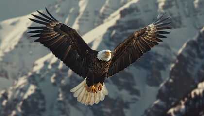 Fototapeta premium A bald eagle is flying over a snowy mountain