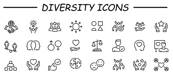 Diversity icon set. Containing equality, culture, languages, tolerance, difference, belonging, human rights and ethnicity icons. Flat icon collection. Vector illustration.