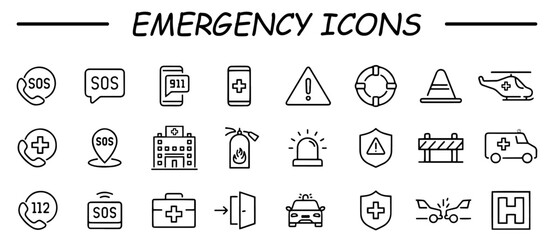 Emergency web icons in line style. Evacuation, SOS emergency call, ambulance, help, emergency hotline, exit, collection. Vector illustration.