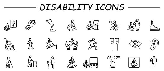 Disability, icon set. disabled people, handicap, physical impairments, assistance, linear icons. 