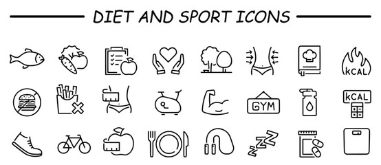 Fitness related line icon set. Gym exercises linear icons. Sport and training outline vector signs and symbols collection. Diet and sport.
