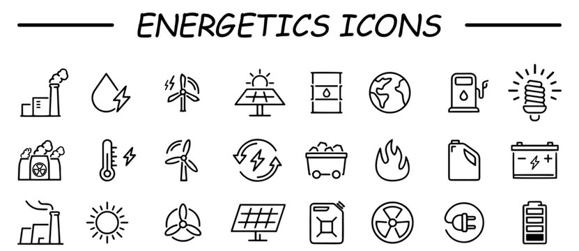 Energetics. Electric energy linear icons set. Electricity. Power generation and accumulation. Icon set. Isolated vector.