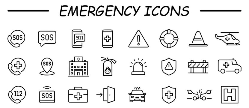 Emergency web icons in line style. Evacuation, SOS emergency call, ambulance, help, emergency hotline, exit, collection. Vector illustration.