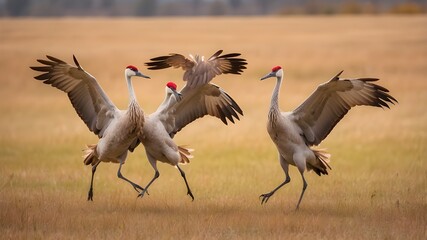cranes in the savannahFighting sandhill cranes in midair in a field