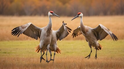 Fighting sandhill cranes in midair in a field