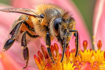 Fototapeta premium Detailed macro photograph of a bee pollinating a flower. The close-up captures the bee's fuzzy body and wings, emphasizing the textures and patterns. The flower's vibrant petals provide a contrasting