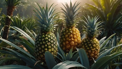 Pineapple harvest in a country farm, ananas family plant fruit.