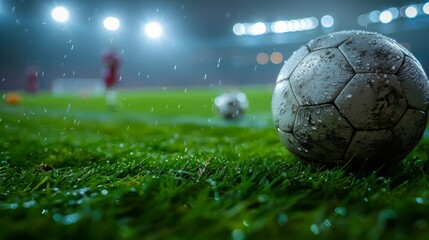 Fototapeta premium Sports and Athletic Excellence: A football on a green field in the stadium.