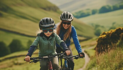 Mother and daughter cycling on a mountain trail enjoying the gentle breeze and green views around