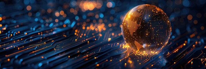 Abstract concept of digital technology and cyber security with a golden sphere on a circuit board...
