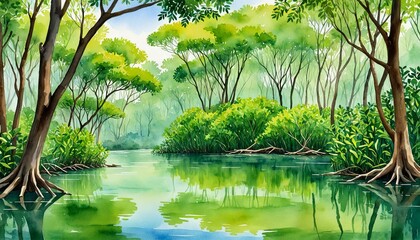 Lush Mangrove Channel with Vibrant Green Canopy, Watercolor Background Illustration