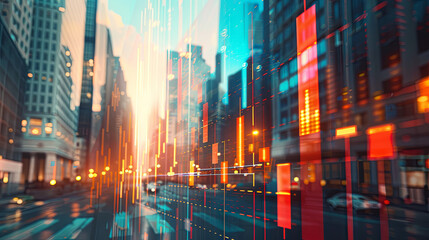 abstract graphs and statistics superimposed against a modern city skyline, featuring skyscrapers and panoramic views, symbolizing trading and financial markets