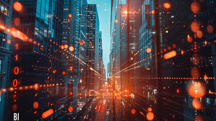 Obraz premium abstract graphs and statistics superimposed against a modern city skyline, featuring skyscrapers and panoramic views, symbolizing trading and financial markets