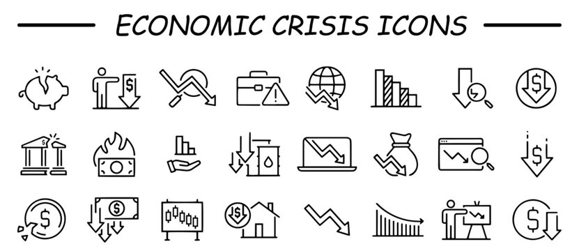 Economic crisis web icon set in line style. Decrease, layoff, job fired, pay cuts, low cost, collection. Vector illustration.
