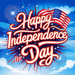 Naklejka premium stylish happy independence day text with fireworks, stars, and wavy american flag