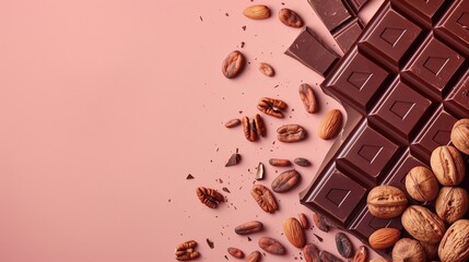 Fototapeta premium Chocolate Day Celebration Cocoa Beans Nuts and Chocolate Bars