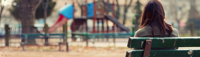 Solitude in the Park - Lonely woman sitting on bench, gazing sadly at deserted playground