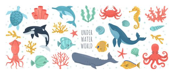 Hand drawn sea animals set. Wild marine life, seashells, fish, seaweed and corals. Whale, octopus, crab, seahorse, dolphin, killer whale, turtle, squid, cachalot. Vector cute cartoon illustration. © Anna Bova