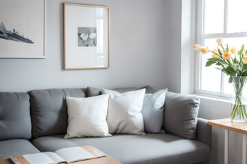 The cozy living room corner features a gray sofa, white cushions, a side table with yellow tulips, an open book, and framed artwork on the wall.