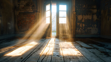 The door is open and the sun shines through it. The light falls on an old wooden floor in front of you 