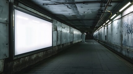 Dimly lit subway hall with a wide billboard against textured concrete.