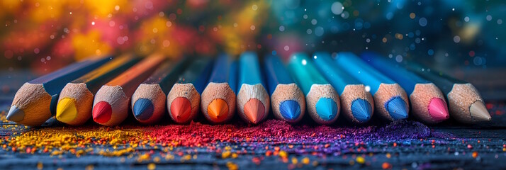 Naklejka premium Colorful pencils arranged in a row with vibrant powder. Concept of art and creativity, back to school