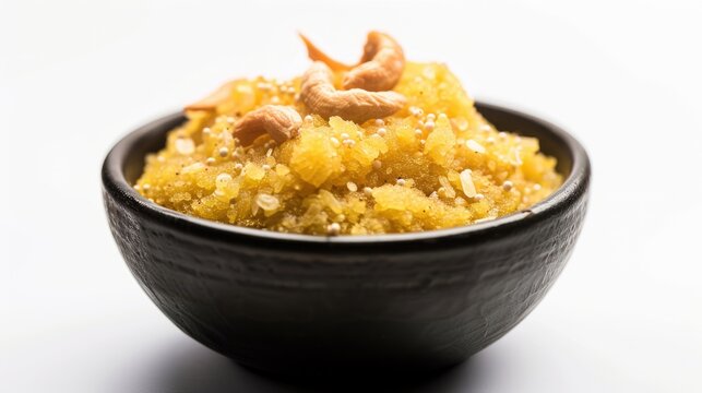 Suji halwa displayed in a black bowl against a white backdrop