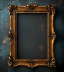 Mock up empty  picture painting frame border, on black background, gold wooden Louis luxury style