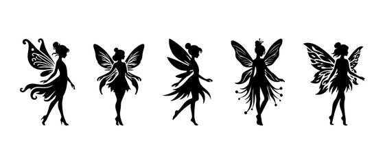 Beautiful fairy side view silhouette black filled vector Illustration icon set.