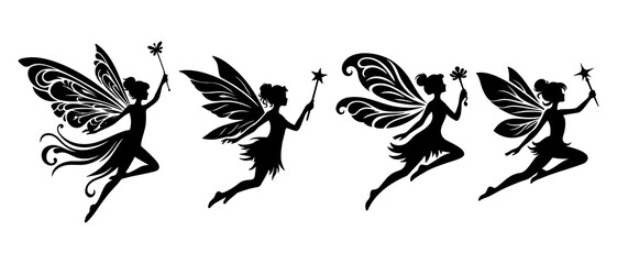 Beautiful fairy side view silhouette black filled vector Illustration icon set.