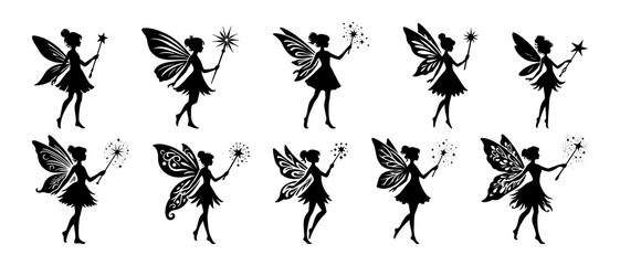 Beautiful fairy side view silhouette black filled vector Illustration icon set.