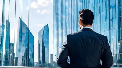 Fototapeta premium back-of-businessman-in-suit-with-business-office-glass-modern-buildings-background-for-economic-mark