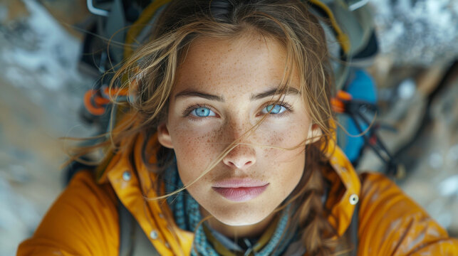 Caucasian young woman is climbing on steep rock cliff on mountain. Adventure and destination travel - Powered by Adobe